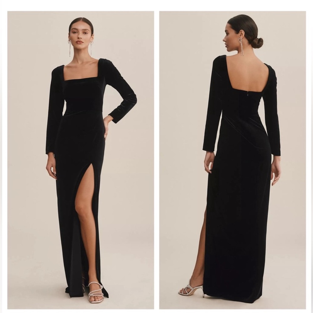 Jenny Yoo Rachel Velvet Gown Square Neck Long Sleeve Side Slit Black Size 14 - Picture 3 of 11